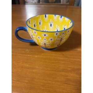 Dash of That Yellow Blue Ikat Damask Ceramic Coffee Mug Soup Bowl 16oz Large